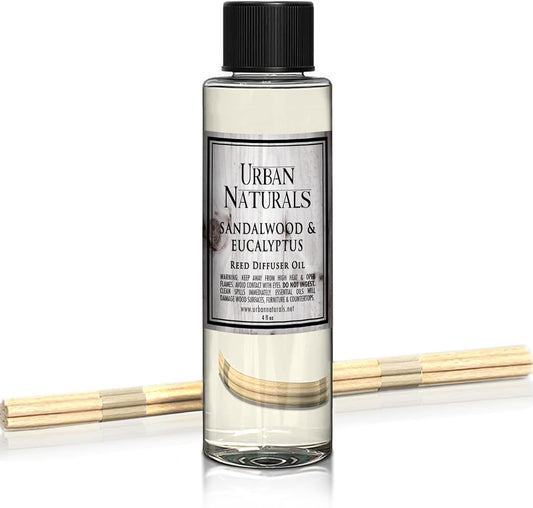 Urban Naturals Reed Diffuser Oil Refill, Sandalwood & Eucalyptus Diffuser Oils with Musk, Herbal Woods, 4 oz + Free Reed Sticks, Made in The USA