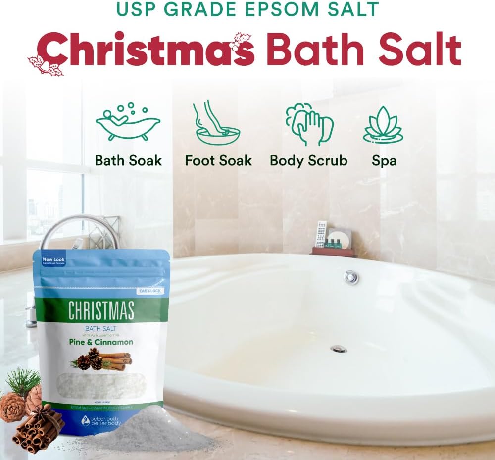 Christmas Bath Salt 32 Ounces Epsom Salt with Natural Pine, Cinnamon, Peppermint, Clove and Orange Essential Oils Plus Vitamin C in BPA Free Pouch with Easy Press-Lock Seal