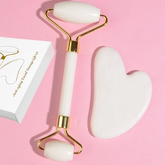 Natural Jade Roller & Gua Sha Set, Self Care Colorful Gift for Face Eye Neck Massager for Women Men, Jade Gua Sha Tool for Face for Skin Care, Improves Skin Tone-Beauty & Skincare (White)