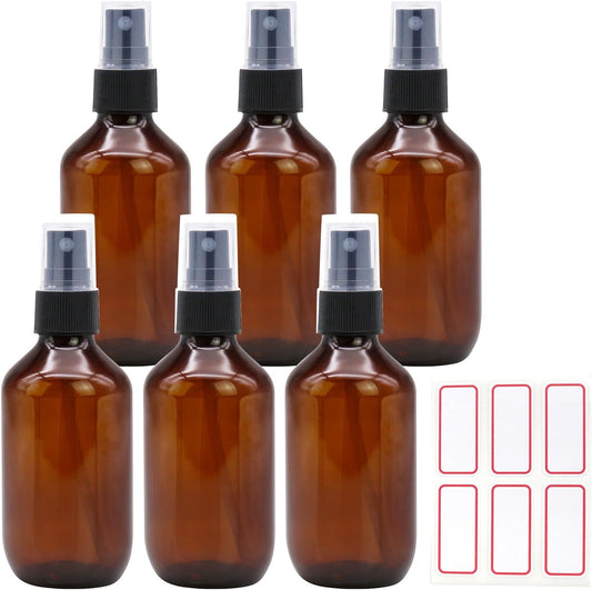 6 Pack 3.4oz Amber Spray Bottles, Small Fine Mist Mister Plastic Travel Bottles, Empty Bottles Set for Essential Oils Hair