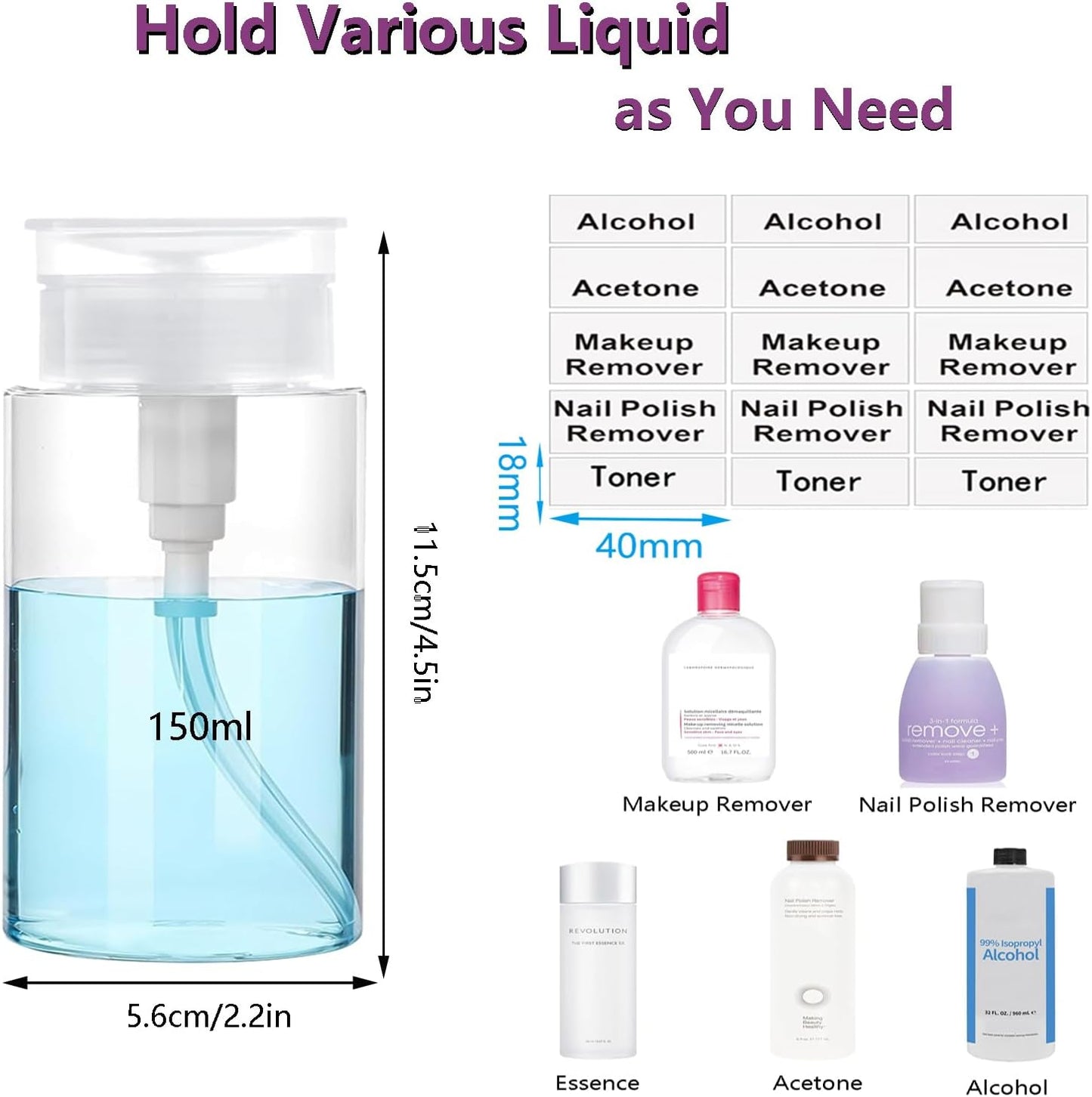 Push Down Pump Dispenser, 5.1oz Clear Pump Bottles with Alcohol, Acetone, Nail Polish Remover, Makeup Remover, Toner Stickers Empty Push Top Container for Liquid (150ml-2Pack)