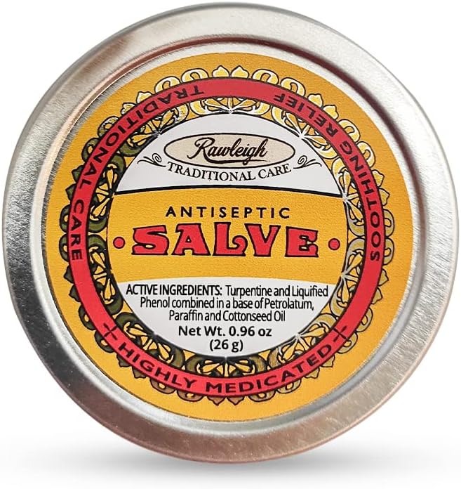 Rawleigh Antiseptic Yellow Salve Small Tin: 0.96 oz, Natural, Multi-Purpose Ointment Soothes Skin Cuts, Bruises, Irritations, with Turpentine, Phenol, Cottonseed Oil, Original Formula - Pack of 3