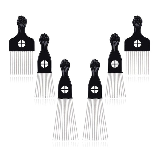 6Pcs Afro Picks Metal Hair Combs, 3 Sizes Steel Teeth Hair Pick for Curly, Coily, Natural Hair, Detangling & Styling Comb for Men Women (Black)