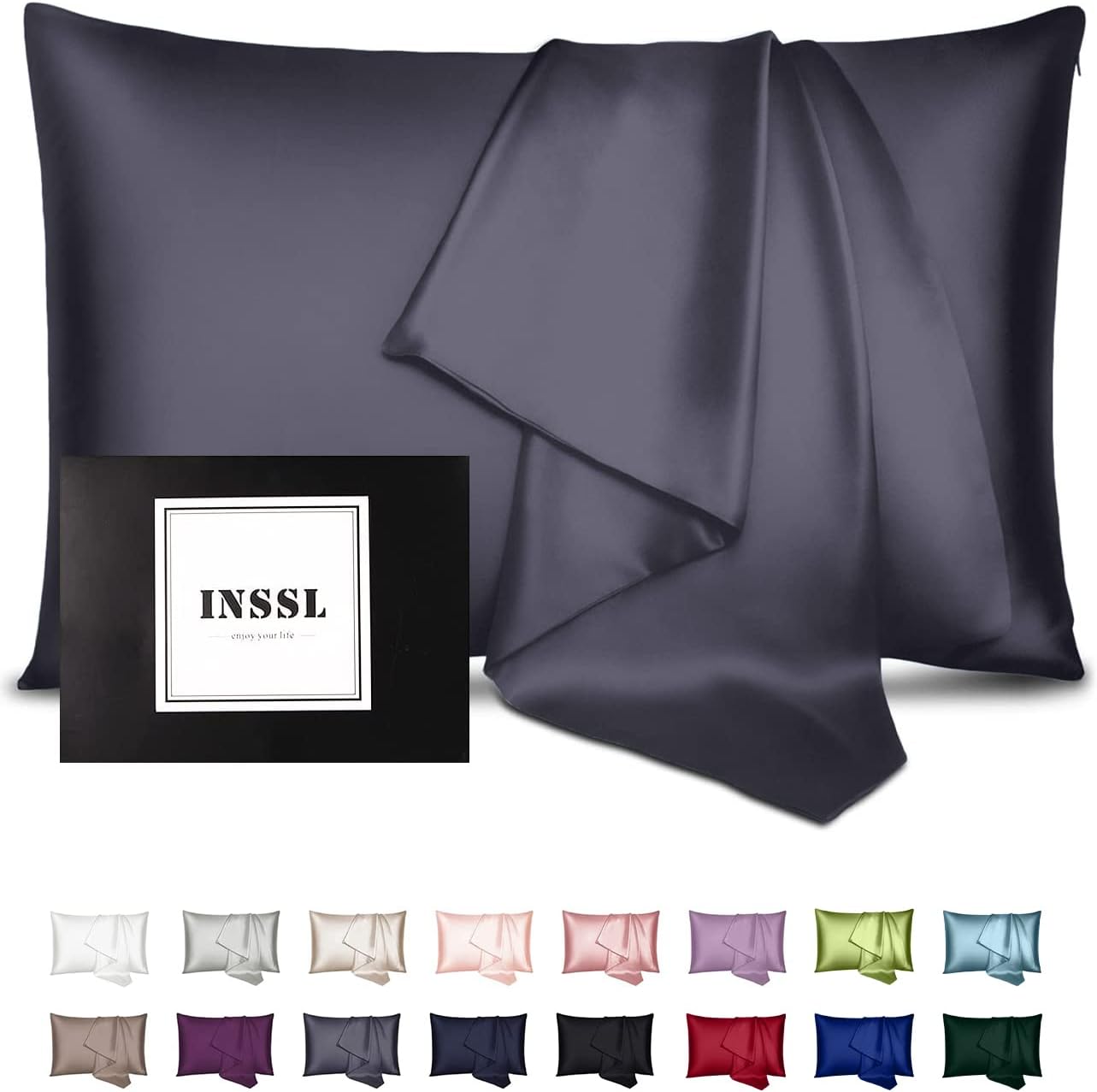INSSL Silk Pillowcase for Women, Mulberry Silk Pillowcase for Hair and Skin and Stay Comfortable and Breathable During Sleep (Queen, Dark Grey)