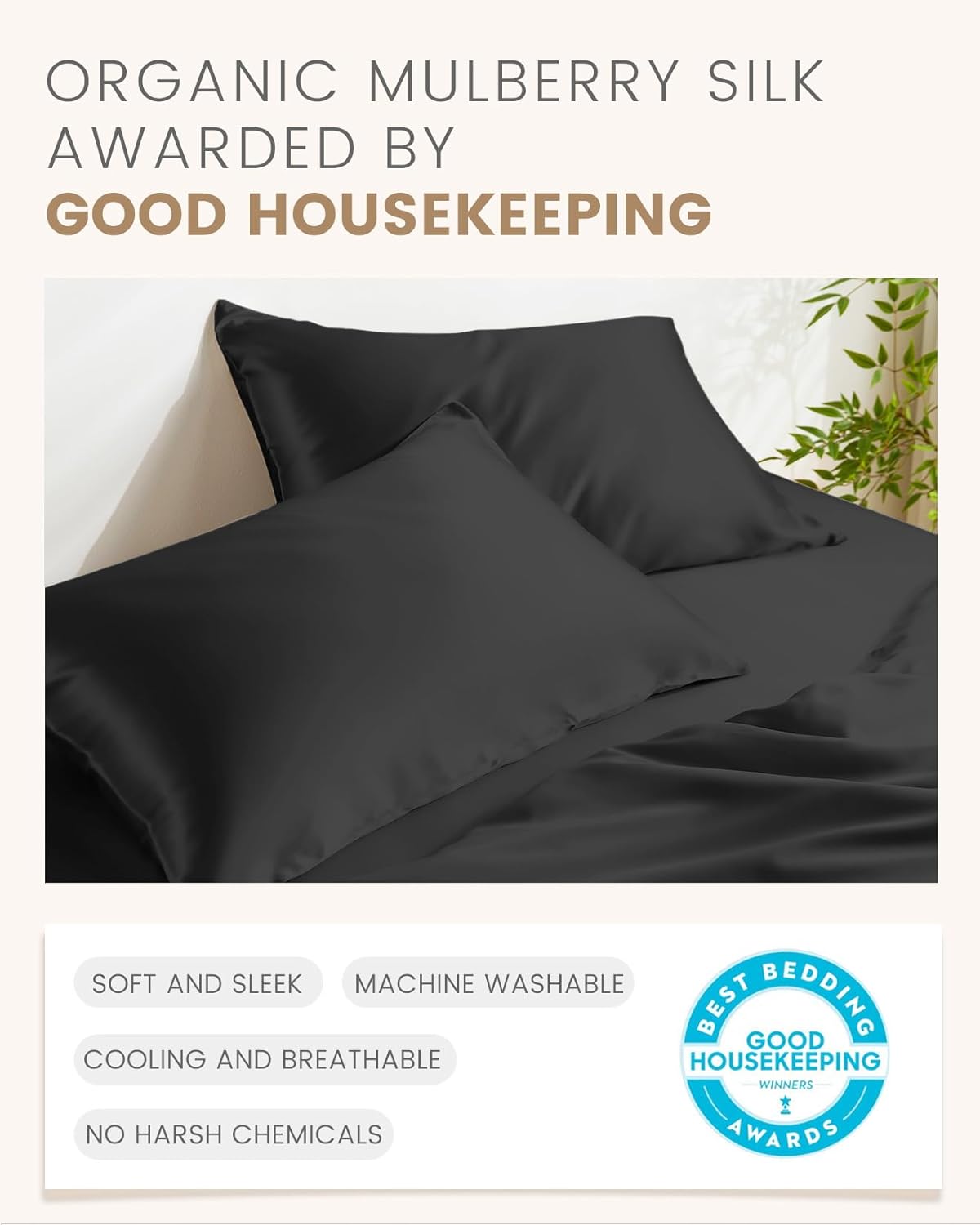 THXSILK 100% Mulberry Silk Pillowcase for Hair and Skin, Both Sides Pure Natural Silk, Ultra-Soft and Breathable Black Zipper Pillowcase, California King Size 20"x40"