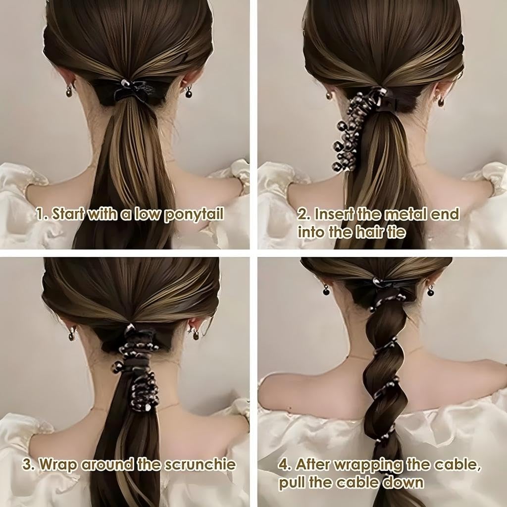 12PCS Spiral Hair Ties with Pearl Beads, Phone Cord Shape Elastic Bands, 3 Colors, No Crease Ponytail Holders for Long Curly Hair