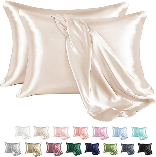MR&HM Satin Pillowcase for Hair and Skin, Silk Satin Pillowcase 2 Pack, King Size Pillow Cases Set of 2, Silky Pillow Cover with Envelope Closure (20x36, Beige)