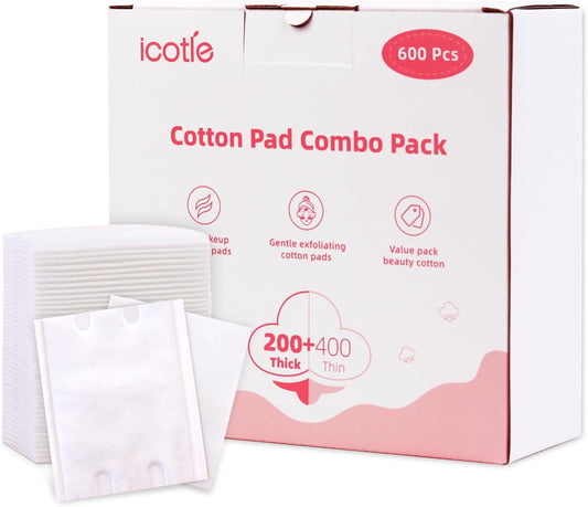 600 PCS Square Cotton Pads, Soft and Lint-Free, Includes 400 Ultra-Thin and 200 Thick Pads, Hypoallergenic Makeup Remover for Face, Eyes and Lips and Daily Skin Care