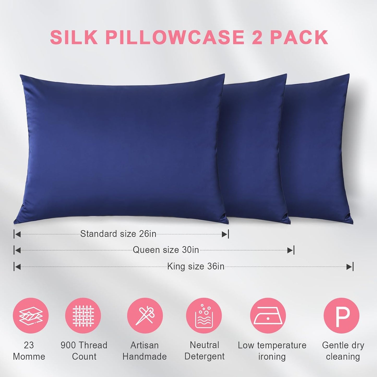 100% Silk Pillowcase 2 Pack for Hair and Skin, Both Sides 23 Momme Grade 6A+ Mulberry Silk Pillowcases with Hidden Zipper, Soft&Smooth Cooling Pillow Cases (Navy Blue, King 20×36)