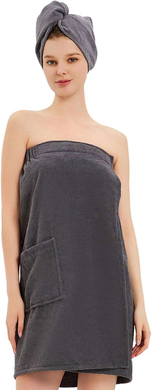 Womens Bath Body Wrap & Hair Towel Shower Spa Wrap Robe Adjustable Closure Bathrobe
