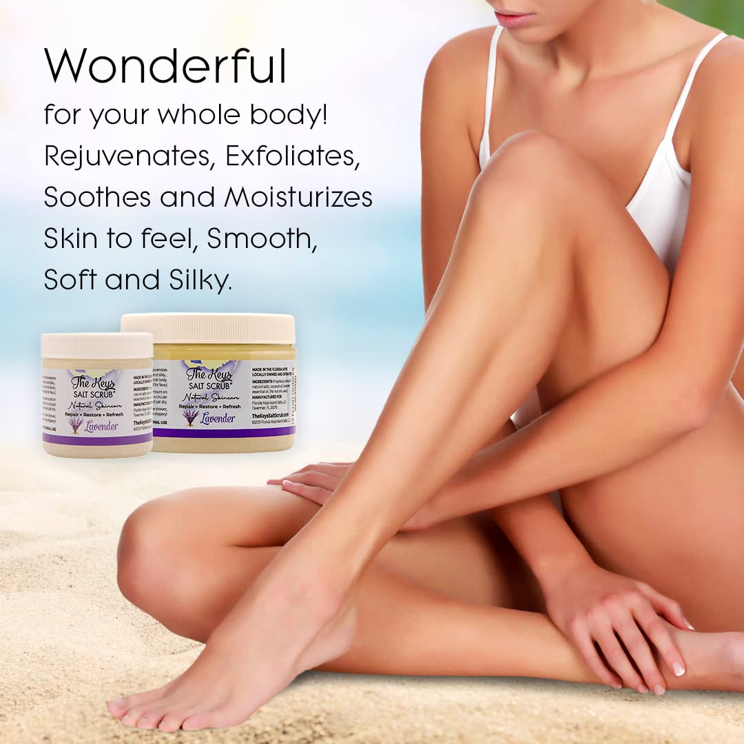 The Keys Salt Scrub - Lavender Sea Salt Scrub - Exfoliating Body Scrub with Wooden Spoon - Moisturizing Exfoliator for Face, Hands, Foot, Bath, Manicure & Pedicure, and Bikini Area Skin Care (3.4 oz.)