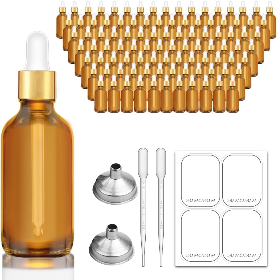 Bumobum 2 oz Dropper Bottle, Amber Glass Eye Dropper Bottles with Golden Top Cap for Essential Oils, 99 pack Tincture Bottle with Labels and Funnel