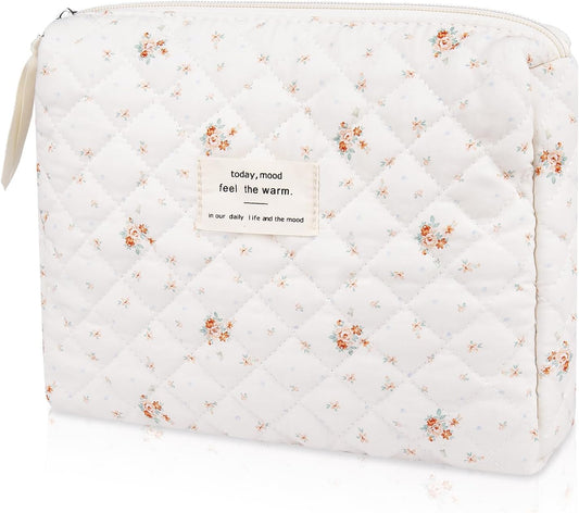 Floral Makeup Bag, Small Cosmetic Bag for Women Girls, Cute Cotton Makeup Bag, Quilted Makeup Bags, Flower Travel Toiletry Organizer Bag(Rose Pattern)