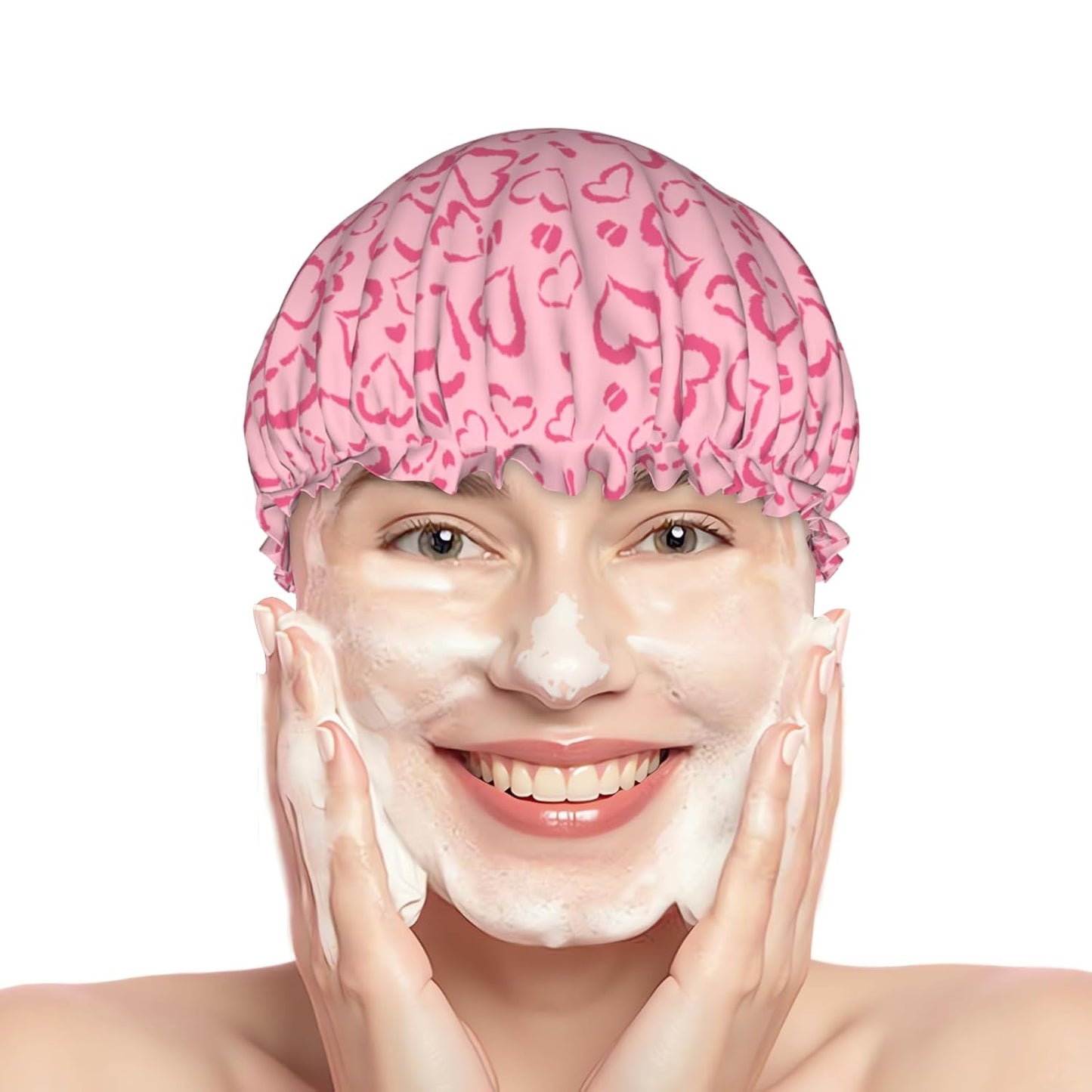 Leopard Print Reusable Shower Caps Pink Heart Dual-Layer Waterproof Bath Hat Hair Caps Elastic Hair Hat for Shower Cooking Clean Makeup Travel