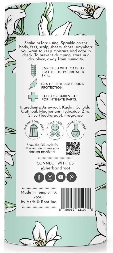 Jasmine Talc-Free Dusting Powder with Arrowroot & Oats - Soothing Body Powder for Women, Chafing, Deodorizing, Foot & Shoe Freshness