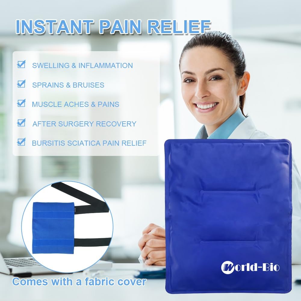 WORLD-BIO Large Gel Ice Pack Wrap for Injuries, Reusable Cold Compress Therapy Ice Pack with Straps for Swelling, Bruises, Hip, Knee Replacement Surgery, Back, Shoulder,11" x 14" Blue