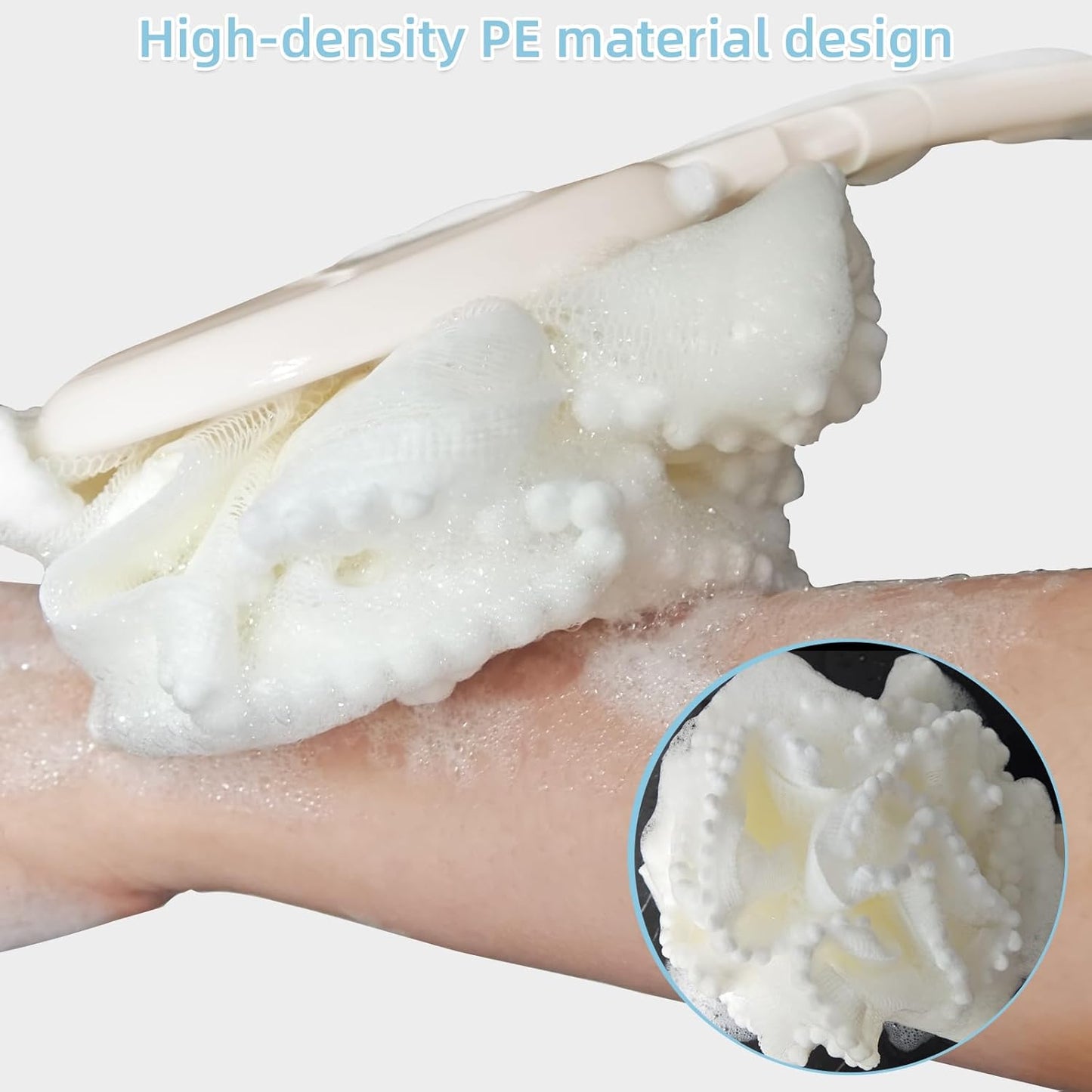 Loofah Sponge with Handle,Back Scrubber Brush for Shower, Lotion Applicator for Back,3 in 1 Shower Kit (White loofah)