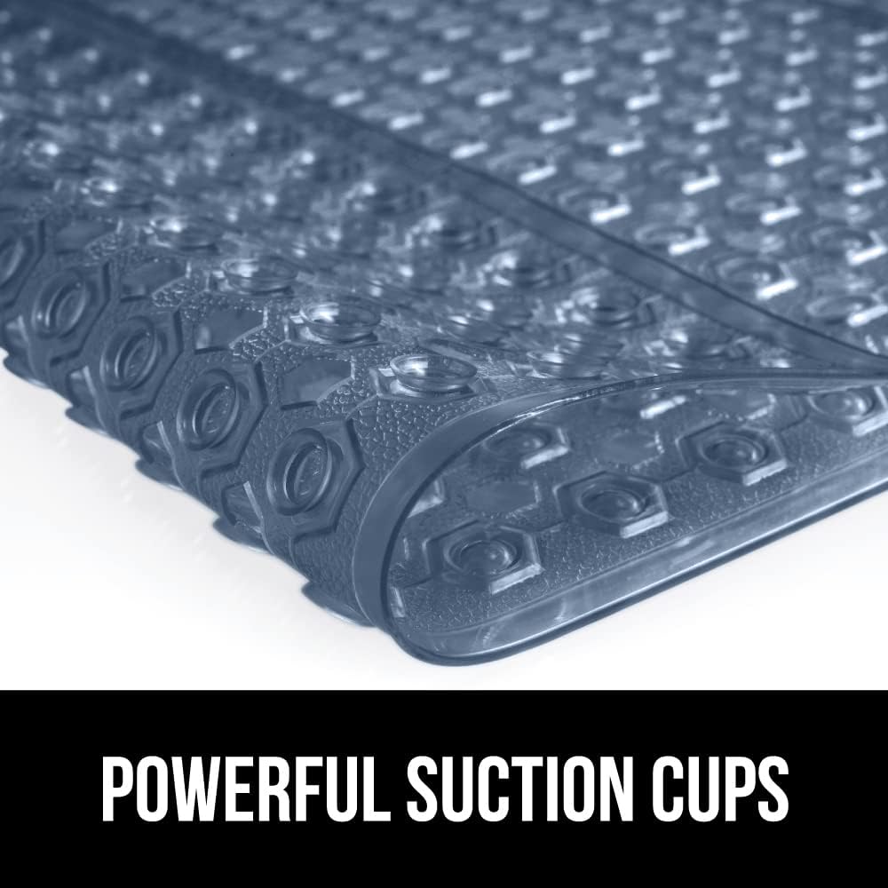 GORILLA GRIP Patented Bath Tub Shower Mat, Machine Washable Bathtub Floor Liner Mats, Suction Cups and Drain Holes to Keep Tubs Clean, Soft on Feet, Bathroom Essentials, 35x16 Inch, Clear Navy