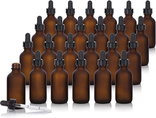 24 Pack Frosted Amber Dropper Bottles, 2oz/60ml Glass Tincture Bottles with Measured Eye Dropper, Leak Proof Travel Bottles for Essential Oils/Chemistry Lab Chemicals/Colognes & Perfumes
