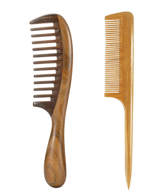 Louise Maelys 2pcs Wooden Wide Tooth Hair Comb Sandalwood Tail Combs for Curly Thick Hair Styling