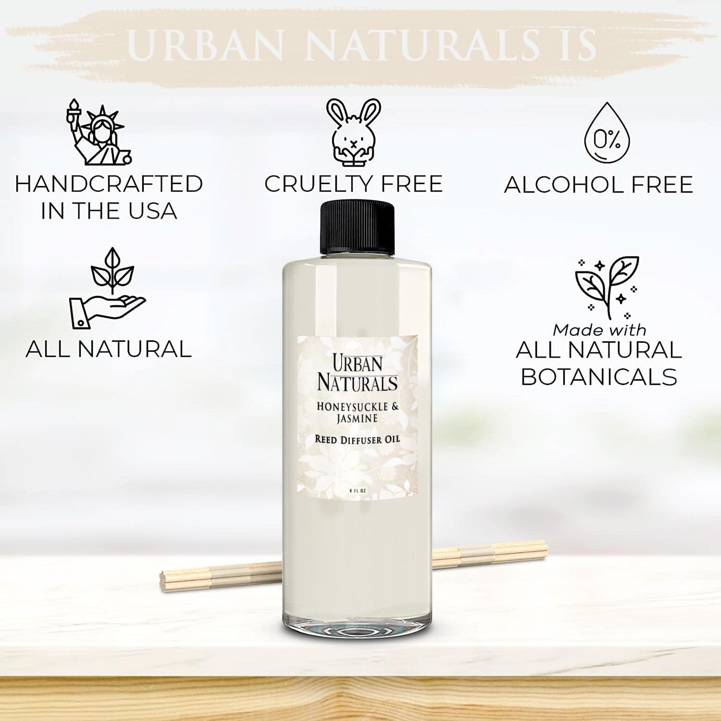 Urban Naturals Reed Diffuser Oil Refill Honeysuckle Jasmine with Hyacinth, Cassis, Neroli, Rose, Iris, Lily of The Valley 8 oz + Free Reed Sticks, Made in The USA