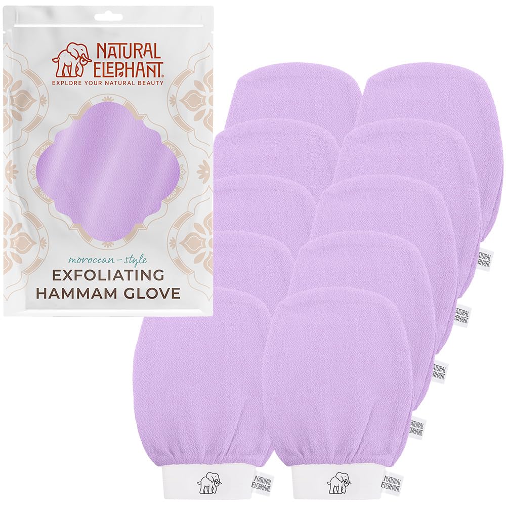 Natural Elephant Exfoliating Hammam Glove - Face and Body Exfoliator Mitt 5 and 10 Packs (Lovely Lilac (Pack of 10))
