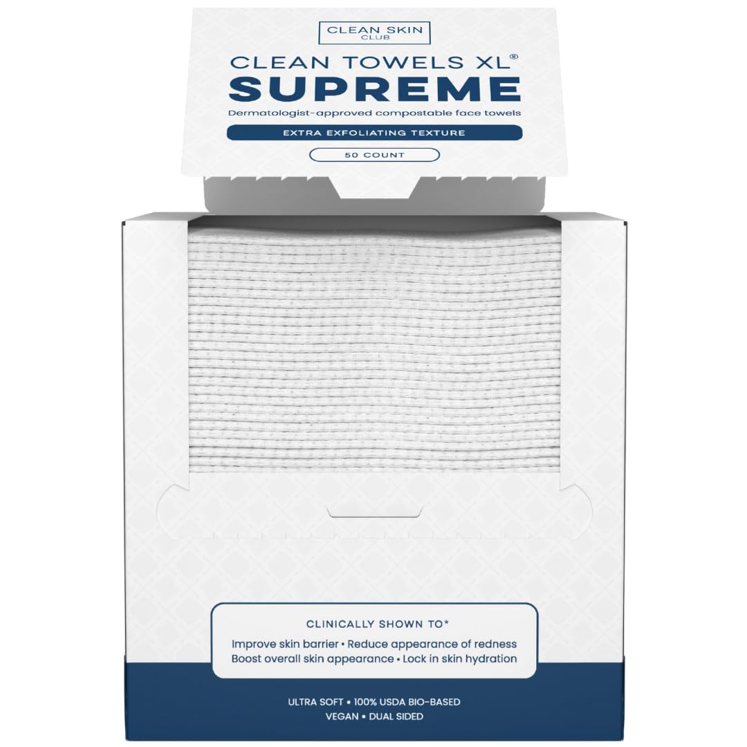 Clean Skin Club Clean Towels XL® Supreme, 100% USDA Biobased Face Towel, Disposable Face Towelette, Eczema Association Accepted, Makeup Remover Dry Wipes, Ultra Soft, 1 Pack, 50 Ct