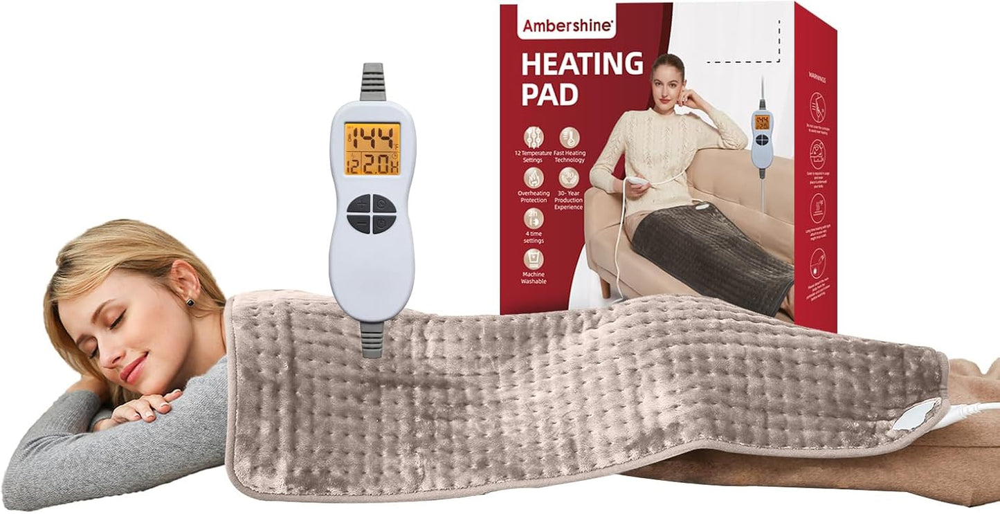 Ambershine 17''x33'' XXXL King Size Heating Pad with 12 Temperature Settings & 4 Auto-Off Countdown Timers, Pain Relief for Back/Neck/Shoulders/Abdomen/Legs, Christmas Gifts for mom dad (Light Tan)