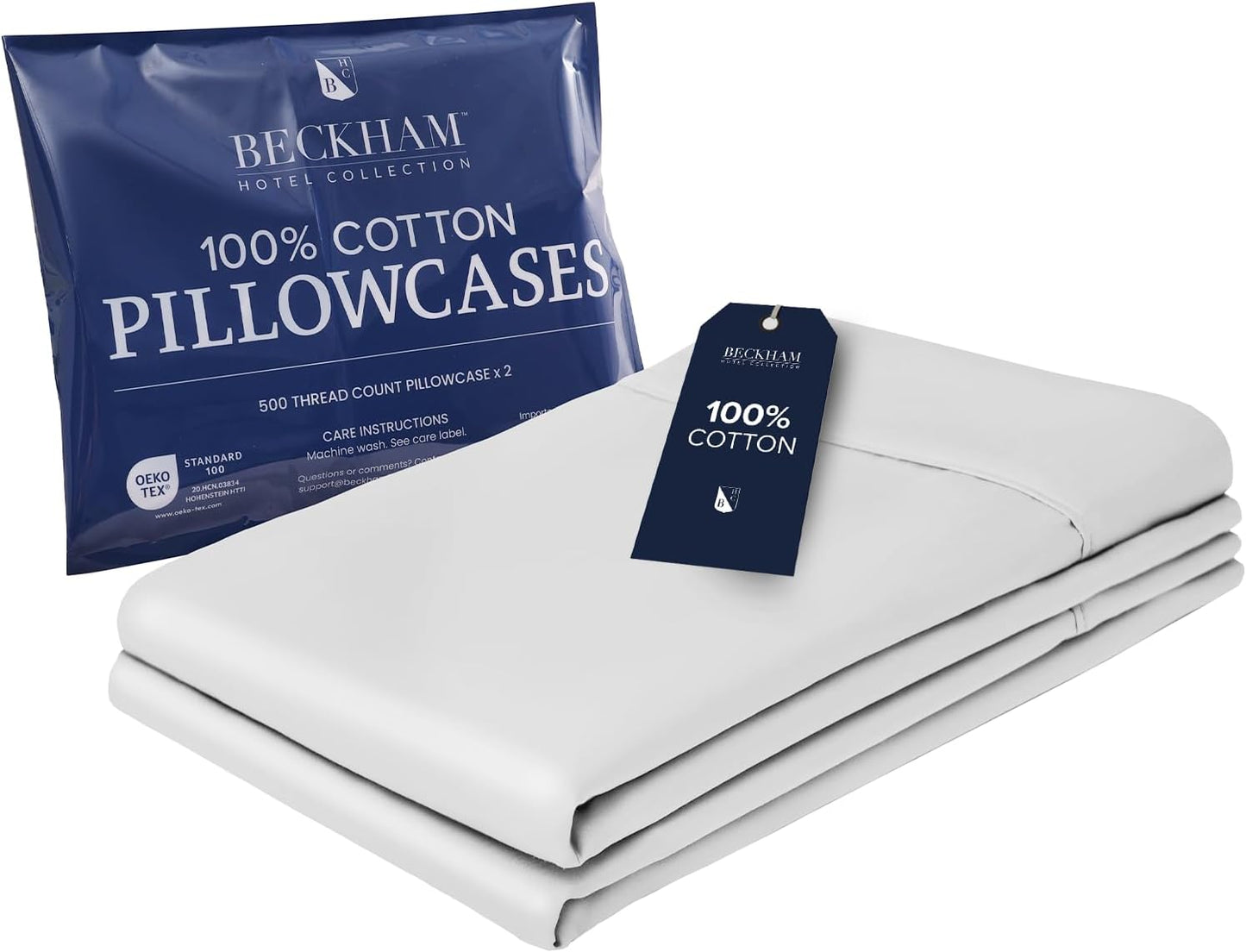 Beckham Hotel Collection Bed Pillowcases Standard/Queen Size Set of 2, 500TC 100% Cotton, Luxury Sateen Bedding, Open End, Breathable, Moisture-Wicking, White