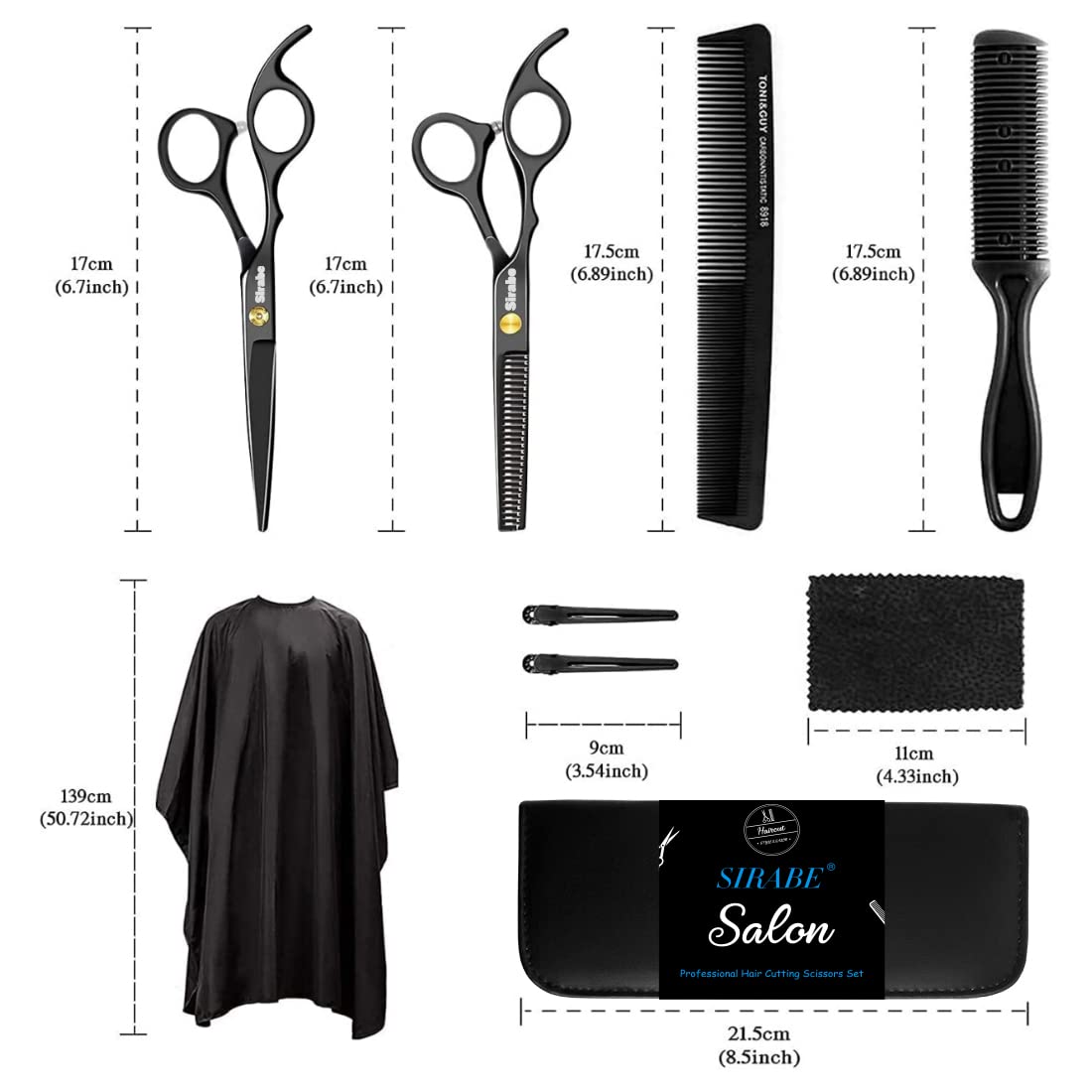 Sirabe 10 PCS Hair Cutting Scissors Set, Professional Haircut Scissors Kit with Cutting Scissors, Thinning Shears, Comb, Cape, Clips, Black Hairdressing Texturizing Shears Set for Barber, Salon, Home
