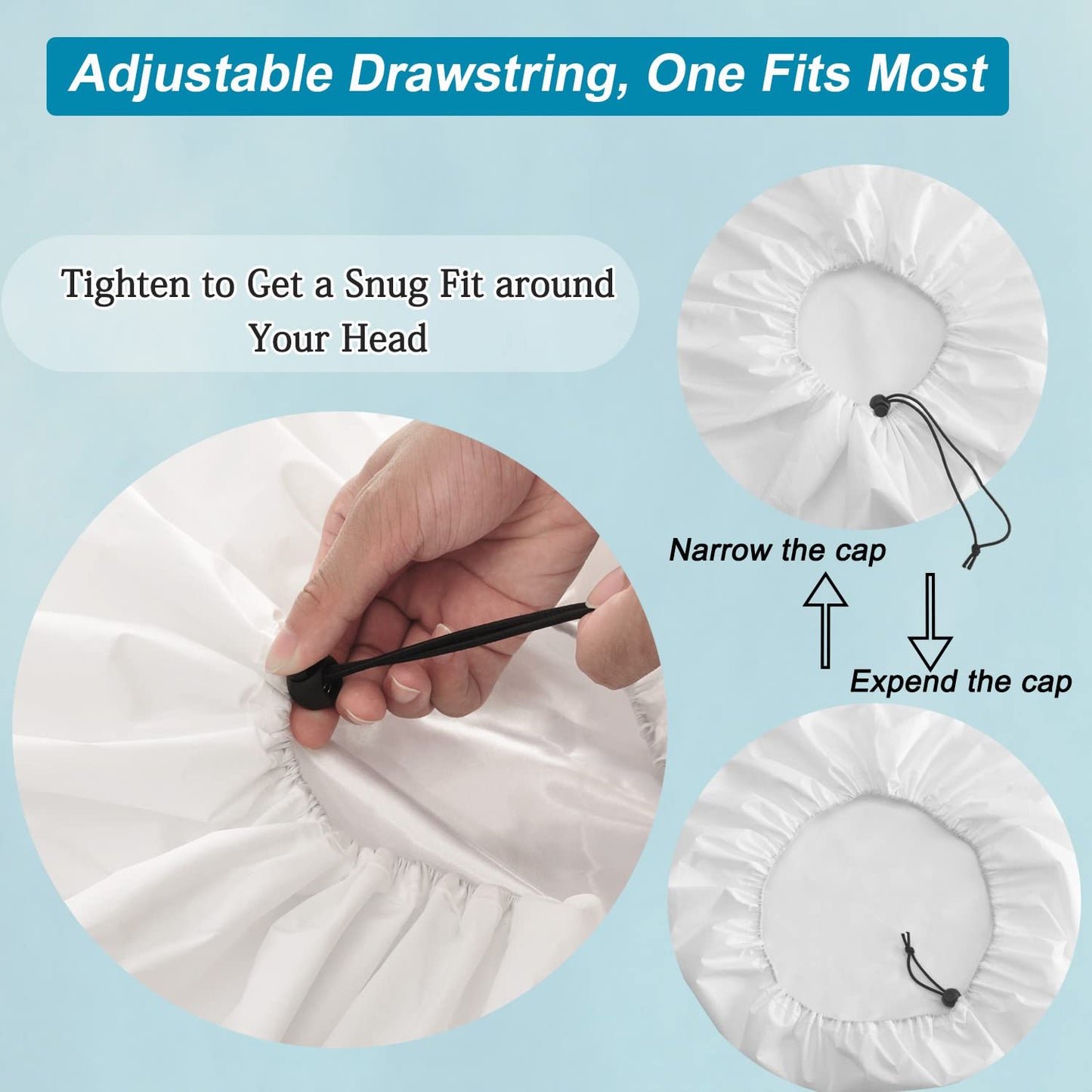 3 Pcs Extra Large Shower Caps for Women, Waterproof Adjustable XL Jumbo Satin Lined Shower Cap for Long Hair & Braids, Reusable Double Layer Large Bath Cap for Dreadlocks, Locs (White)