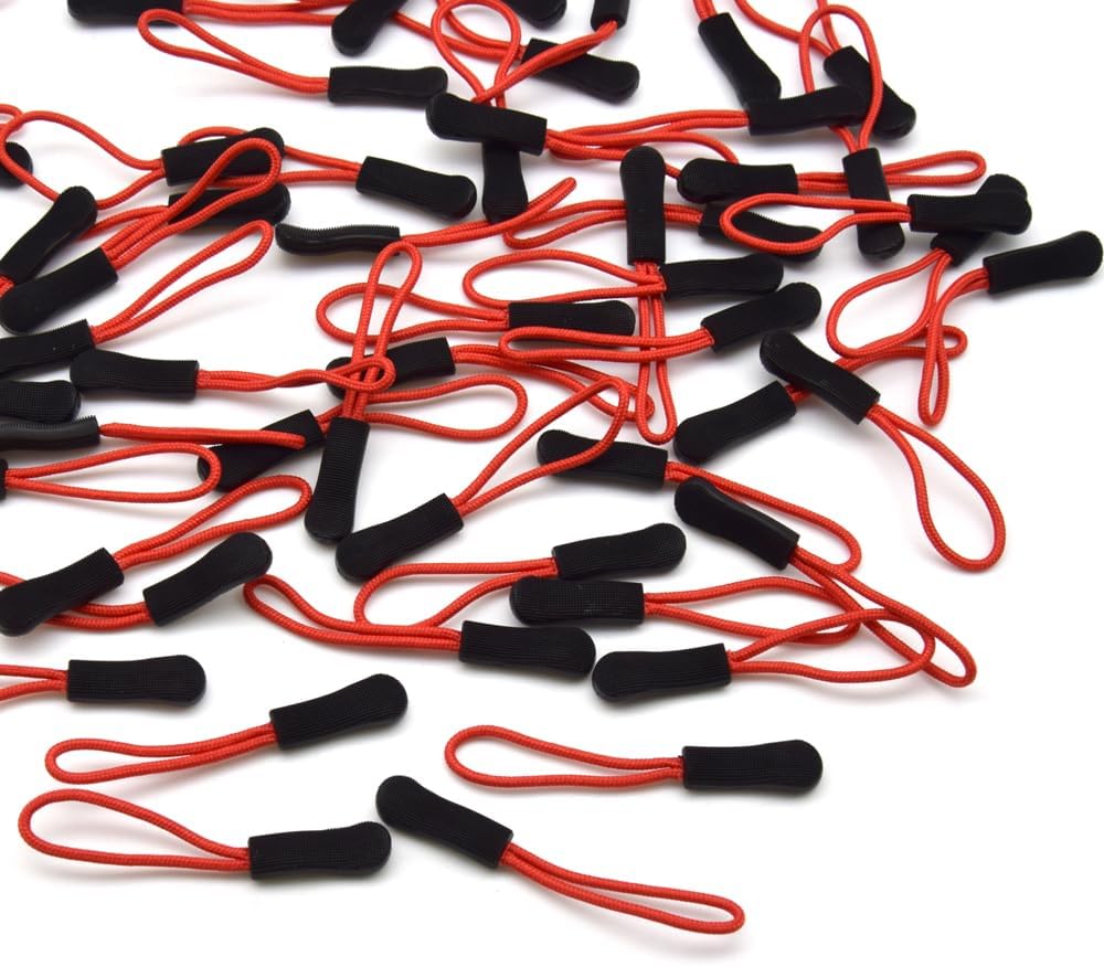 Ruidee 50 Pieces Zipper Pulls Zipper Tabs Zipper Pull Cord Extender Replacement Zipper Pulls for Backpacks, Jackets, Luggage, Purses, Handbags（Red Black）