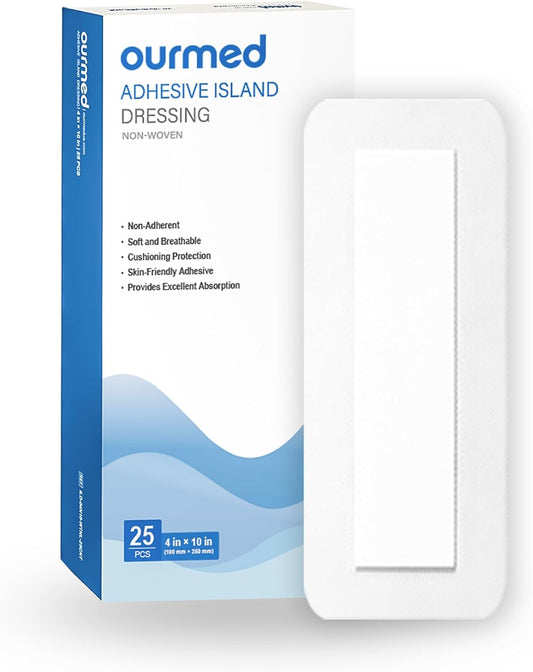 Island Dressing Bordered Gauze 4"x 10"(2"x 8" Absorbent Pad), Pack of 25, Self-Adhesive Sterile Dressing with Highly Absorbent, Latex& Rubber- Free, for Cuts and Scratches