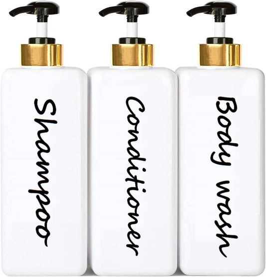 21oz Shampoo and Conditioner Dispenser (Set of 3) Modern Refillable Shampoo Pump Bottles for Shower Soap - Empty Shampoo Conditioner Body Wash Dispenser Set - Stylish Permanent Labels - for Bathroom