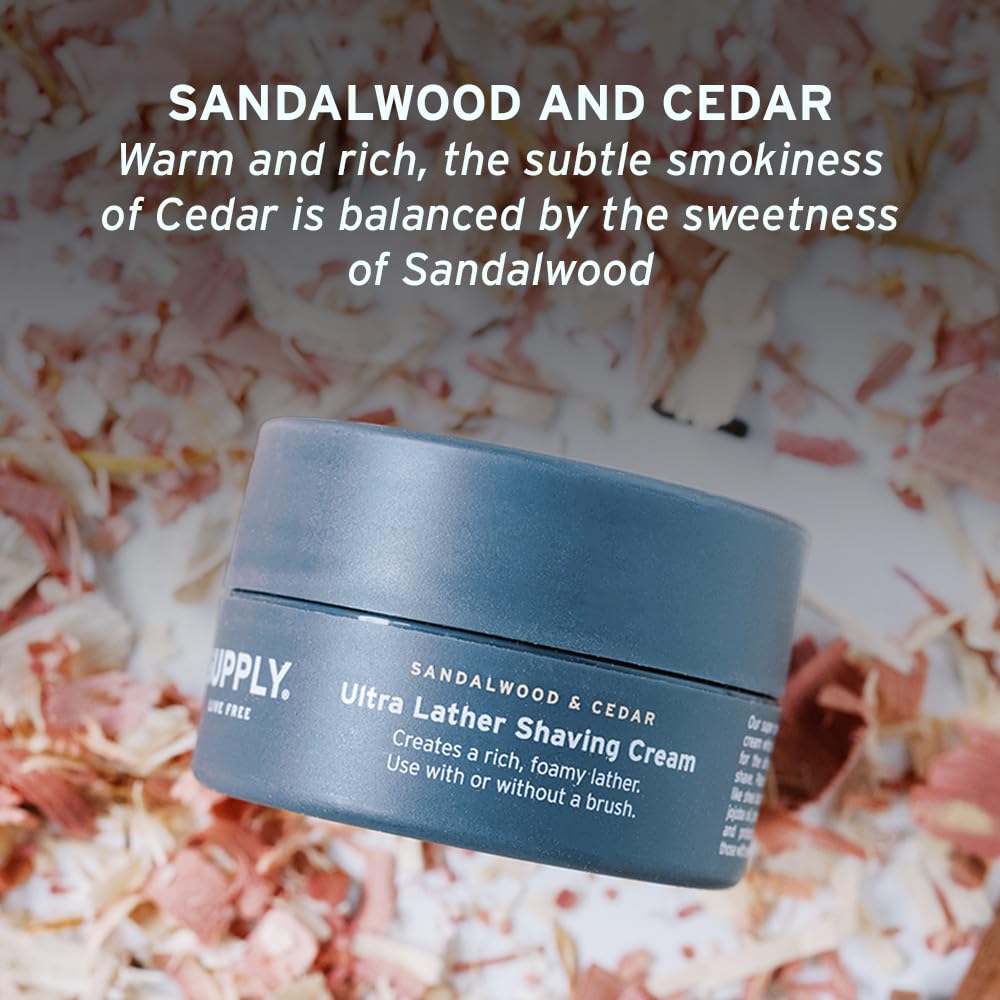 SUPPLY Ultra Lather Shaving Cream Sandalwood & Cedar - Hypoallergenic Formula for Men - 3.4 Oz Jar - Naturally Soothes and Protects, Guards Against Razor Burn and Irritation