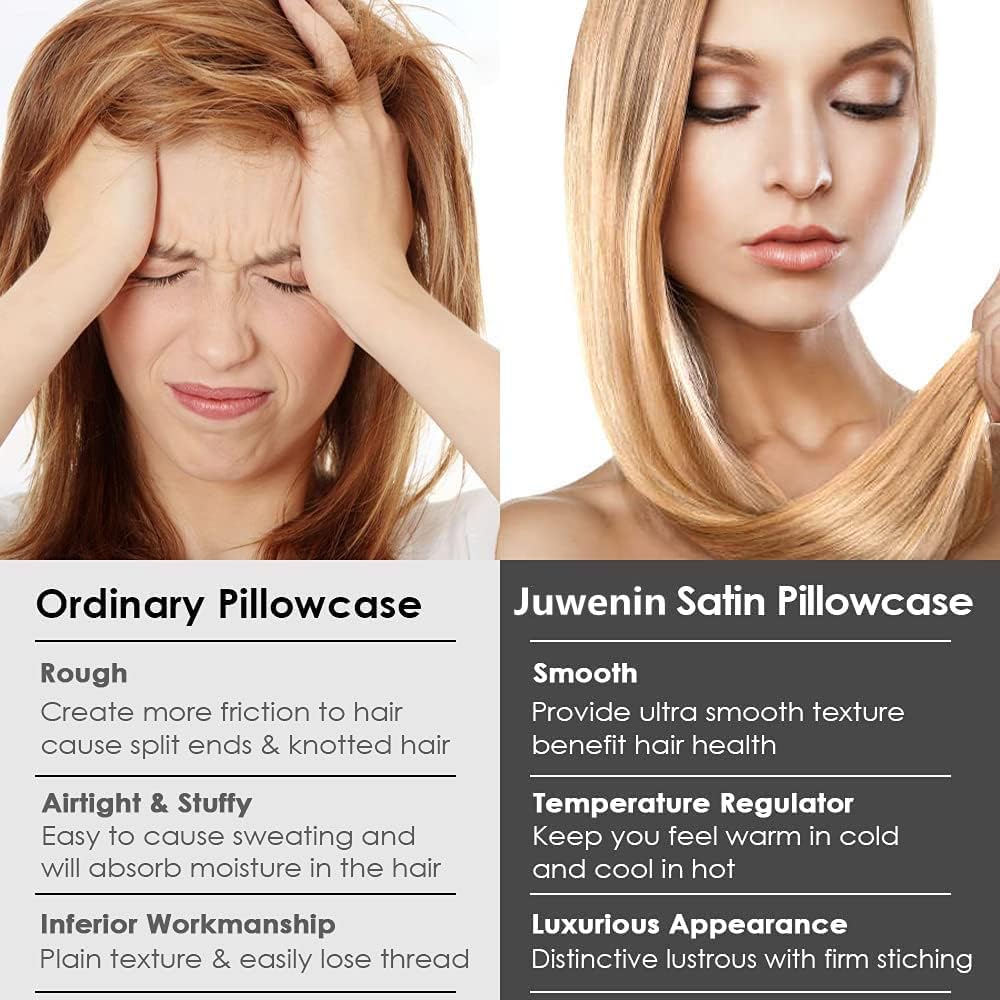 JUWENIN,Luxury Satin Pillowcase with Zipper (Silky Satin Pillow Case for Hair) Set of 2 (King, Silver)