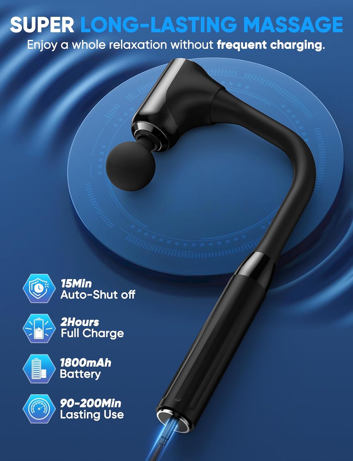 Massage Gun Deep Tissue - Back Massager for Pain Relief Deep Tissue with Extended Handle, 12MM Percussion Less-Shock Neck/Foot/Leg/Shoulder Massager, Infinitely Adjustable Speed & 4 Replaceable Heads