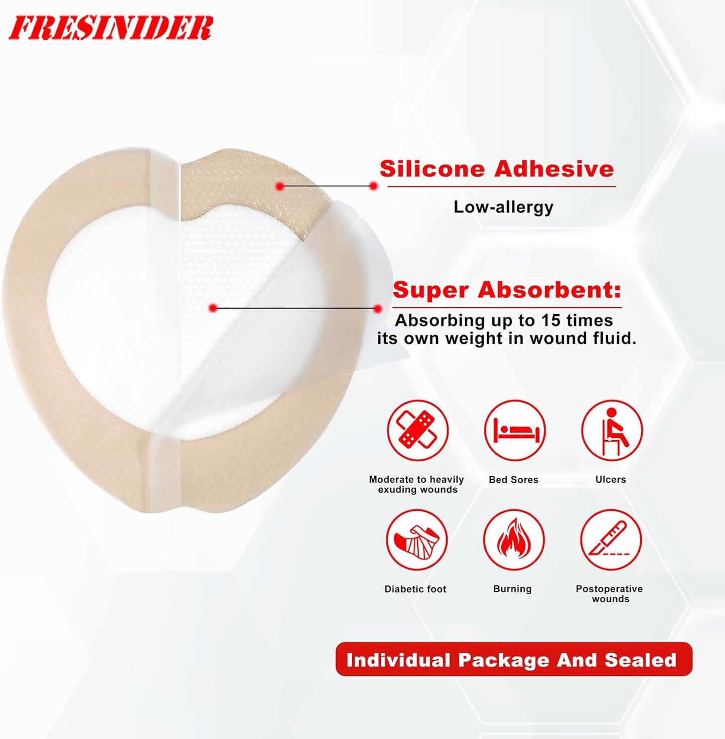 FRESINIDER 7"x7" (Pack of 5) Wound Silicone Sacral Foam Dressing - Sacrum Foam Adhesive with Border - Waterproof Absorbent Breathable Bed Sore Pressure Pads