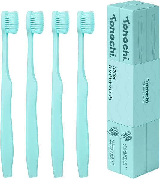 Max Extra-Soft Toothbrush for Adults Sensitive Gums – Gentle Bristles, Wide Angled Head for Back Teeth, Ergonomic Non-Slip Grip, BPA-Free Handle, Individually Wrapped, 4-Pack(Green)