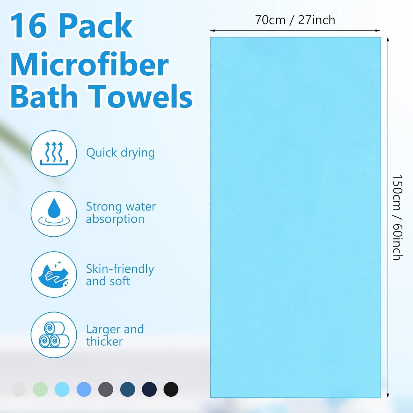 16 Pack Microfiber Bath Towels Bulk 27'' x 60'' Oversized Size Bath Towel Highly Absorbent Extra Large Soft Drying for Shower Beach Salon Winter Sport Spa Gym (Simple,Multicolor)