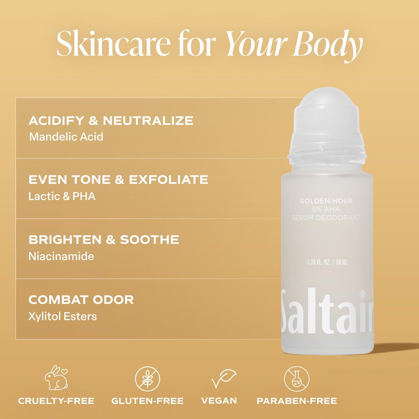 Saltair Serum Deodorant Golden Hour 2 Pack. 5% AHA Formula. Lactic Acid and Mandelic Acid Deodorant. Aluminum Free Odor Control for Women and Men. Travel Essentials, 2x 1.7oz Roll On