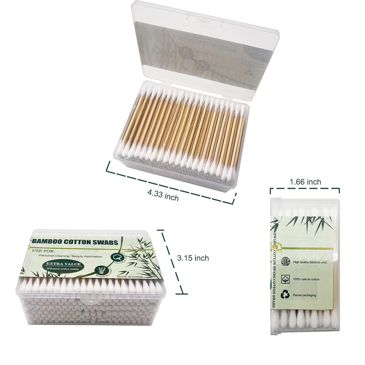 Bamboo Cotton Swabs, Biodegradable Wood Cotton Buds 1000pcs