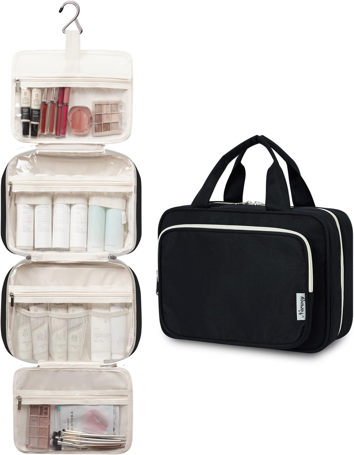 Travel Toiletry Bag for Women Large Hanging Makeup Bag Organizer Toiletries Bag for Full Size Essentials Accessories Cosmetics (Black (Large))