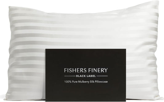 Fishers Finery 30mm 100% Pure Mulberry Silk Pillowcase, Quality Tested (White Stripe, Standard)