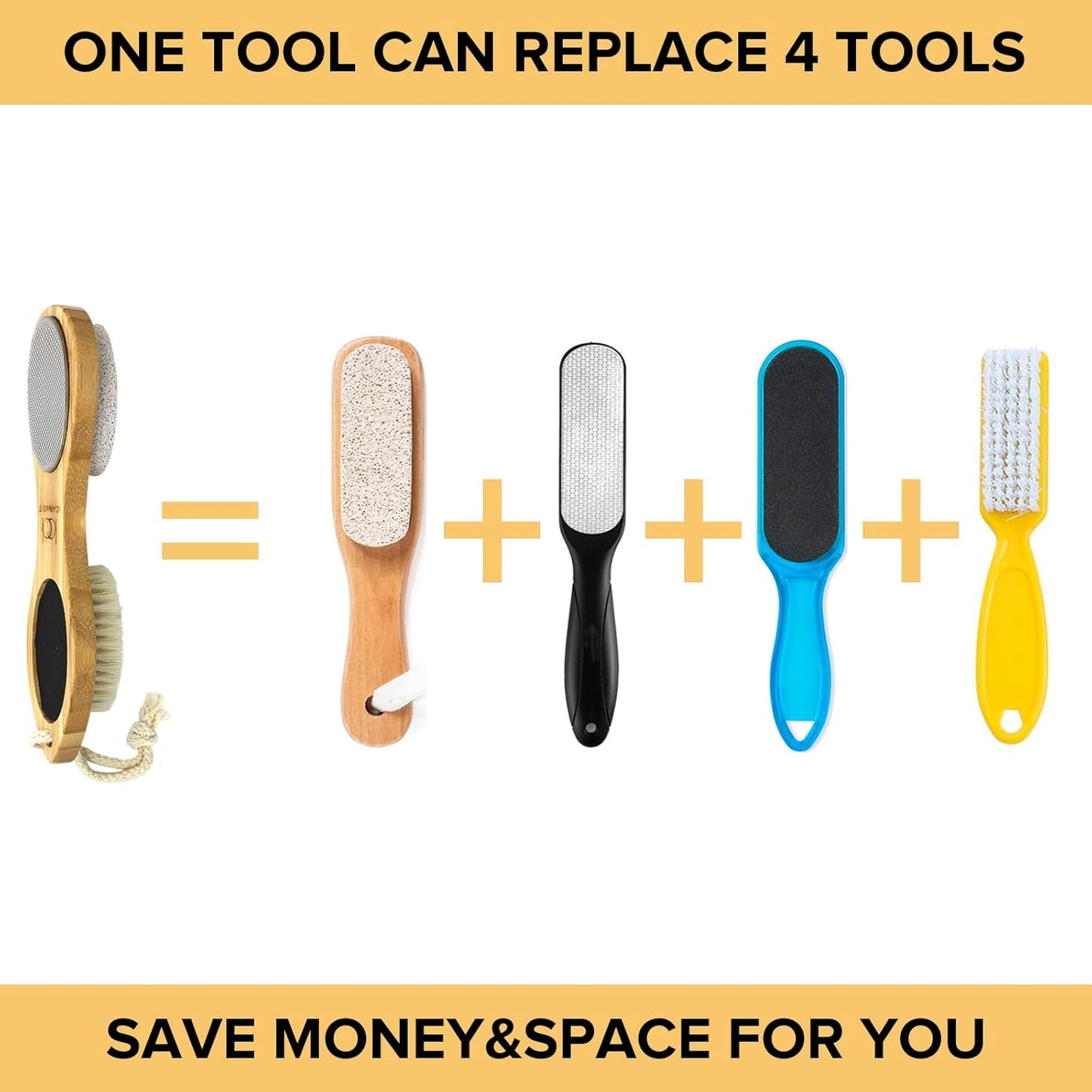 ICDI ICANdOIT Natural Bamboo Foot File Callus Remover-Multi Purpose 4 in 1 Feet Pedicure Kit with Foot Care Boar Bristle Brush,Pumice Stone,Foot Rasp,Sand Paper