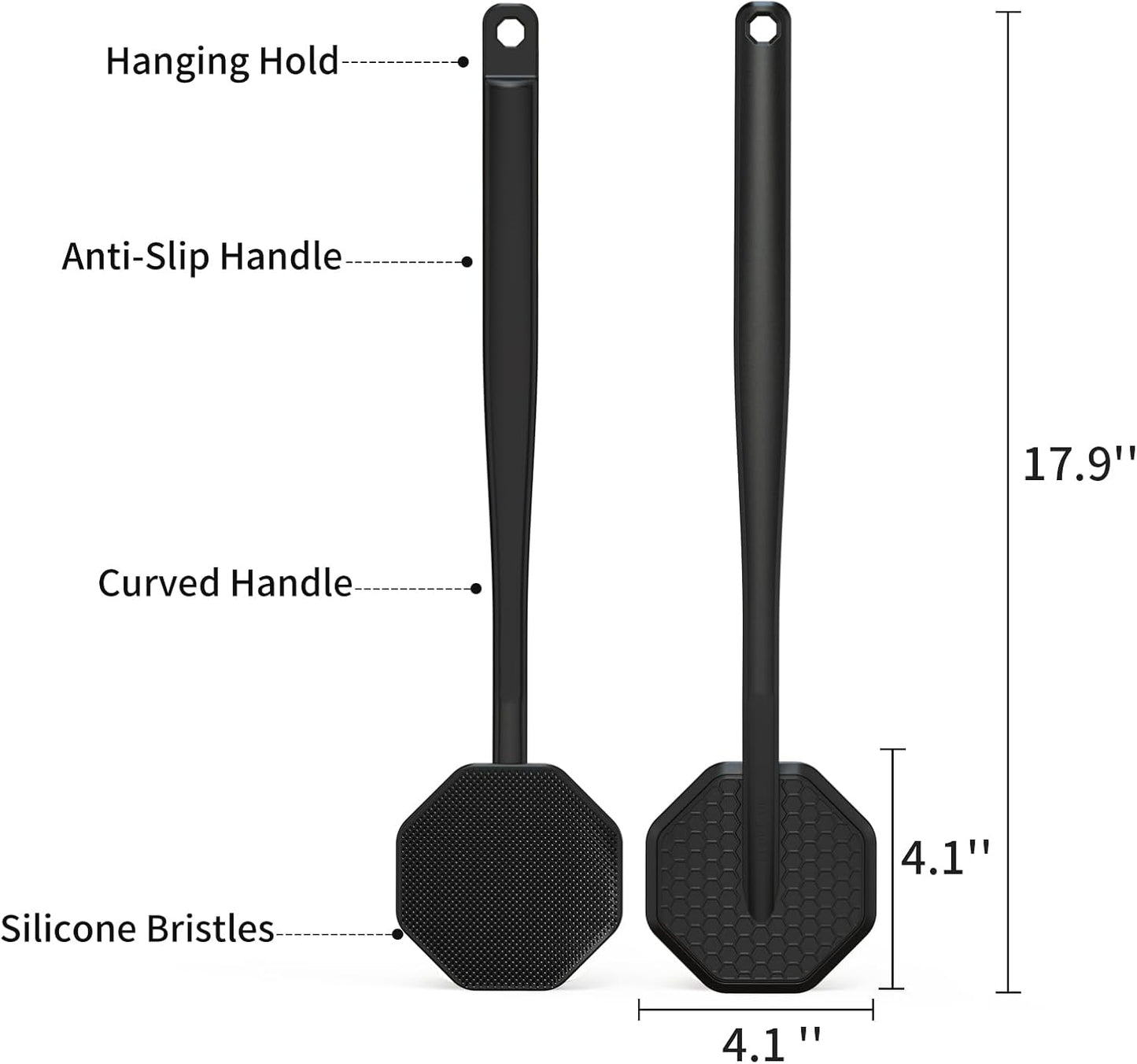 iTokGoK® Premium Silver-Infused Silicone Back Scrubber with Long Handle Back Brush for Shower,Back Brush Long Handle for Men and Women,Ergonomic No-Slip Handle, Long-Lasting (Black)