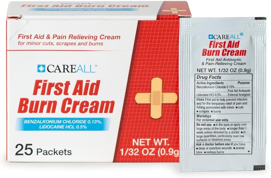 CareALL First Aid Burn Relief Cream 0.9g Packets (Pack of 25) Pain Relieving First Aid Cream for Temporary Relief of Pain from Minor Burns, Cuts, and Scrapes. Prevents Infection