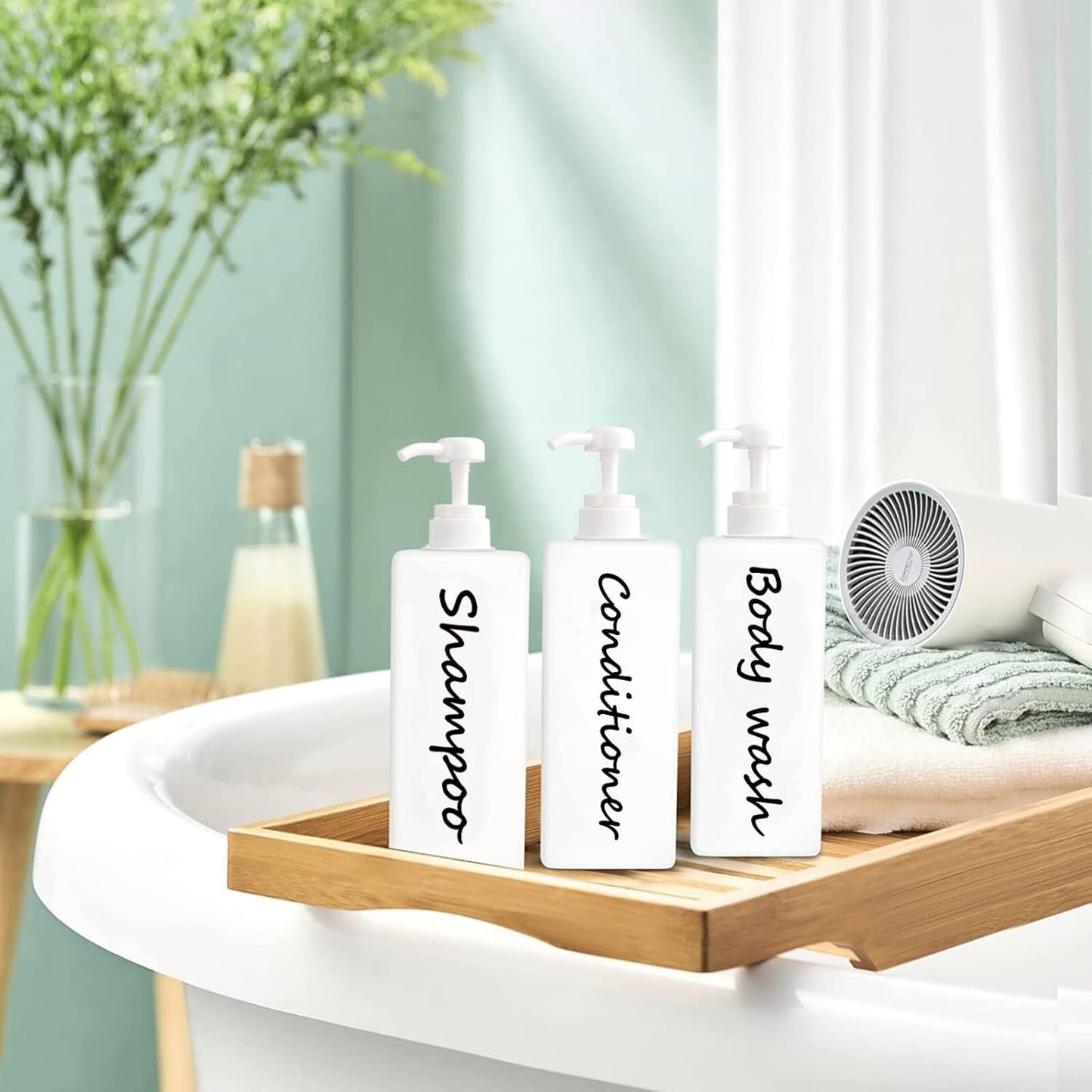 21oz Shampoo and Conditioner Dispenser (Set of 3) Modern Refillable Shampoo Pump Bottles for Shower Soap - Empty Shampoo Conditioner Body Wash Dispenser Set - Stylish Permanent Labels - for Bathroom