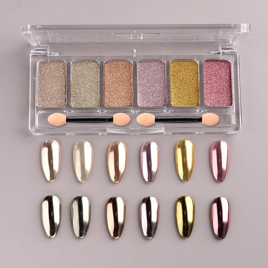 6 Colors Solid Chrome Nail Glitter Powder Set Metallic Mirror Chrome Powder for Nails, Gold Rose Gold Champagne Mutil Colors Palette Nail Pigment Powder Manicure Nail Art Decorations