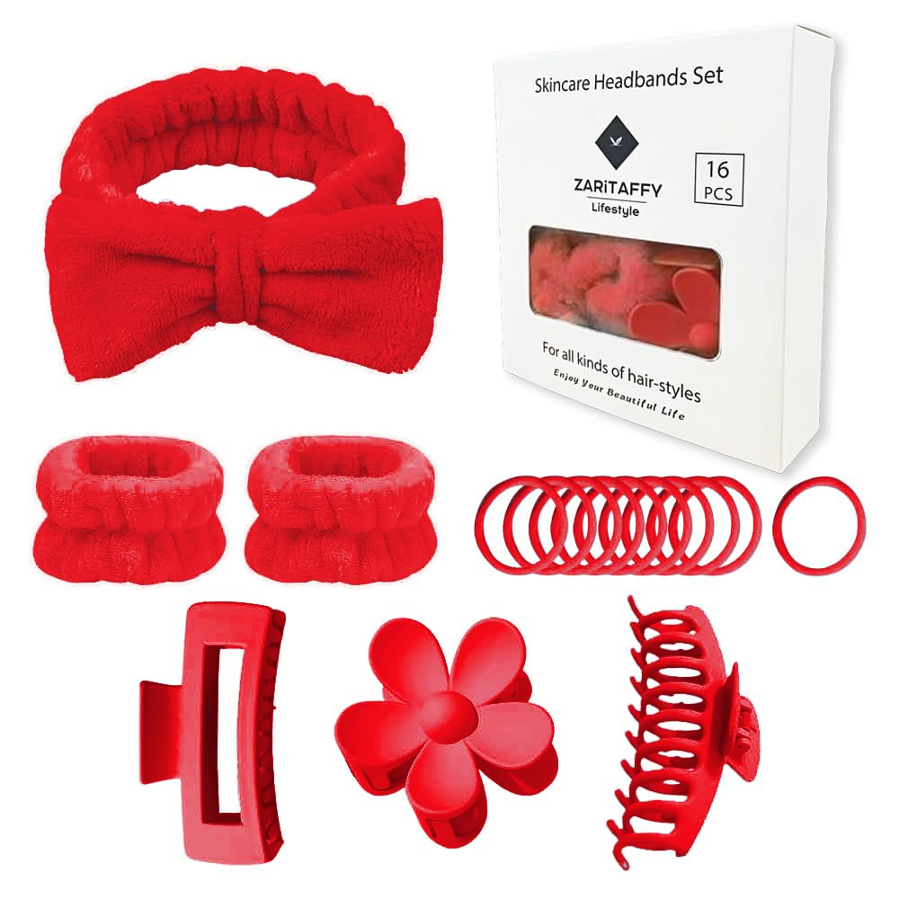 16pcs Skincare Headband Set, Headband Set for Face Washing Spa and Makeup, Including 1 Hairband, Wristband, 3 Hair Claw Clips and 10 Hair Ties, with Box, Gift for Women and Girls, Red
